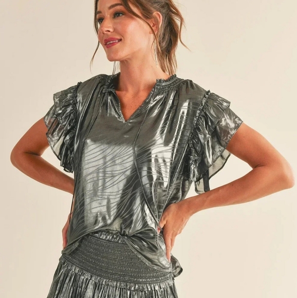 RESET by Jane Sasha Shine Blouse Flutter Sleeve Black Silver Metallic New - Picture 12 of 16